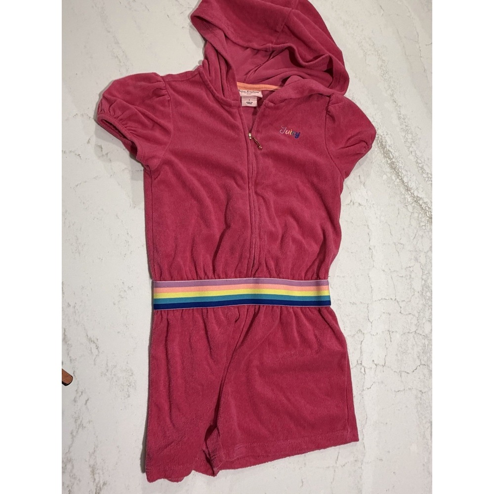 Juicy Couture Girls Romper with Hoodie Size 6 Pink Terry Cloth Rainbow Y2K